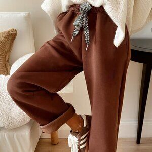 B337 Coffee Fleece Lined Leopard Drawstring Elastic Waist Solid Pants